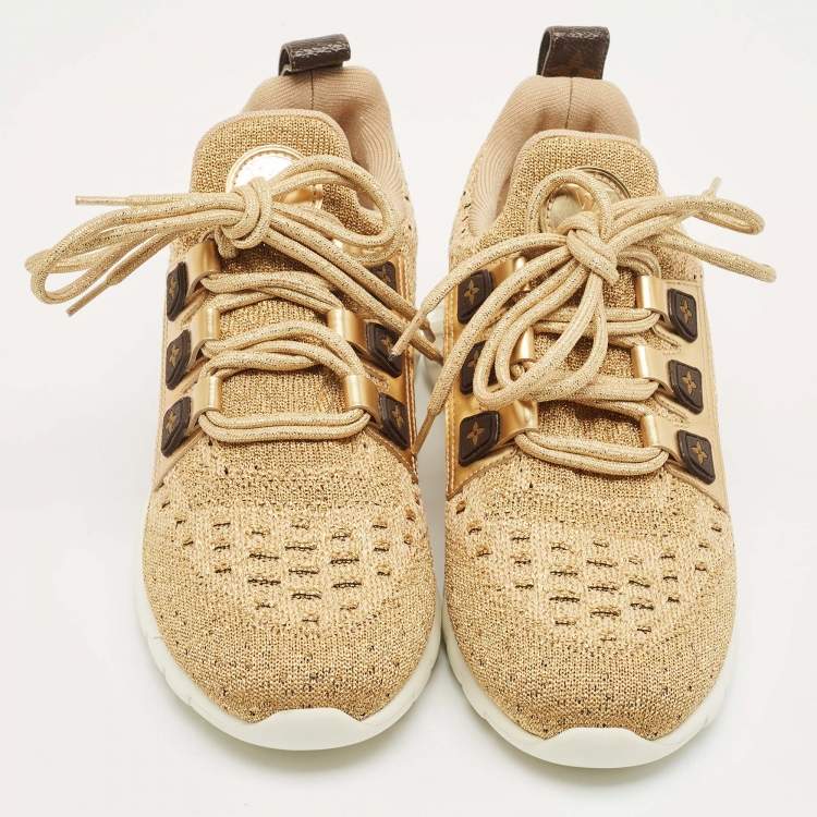 Pre Owned Louis Vuitton Gold Knit Fabric and Leather Aftergame Sneakers Size 38