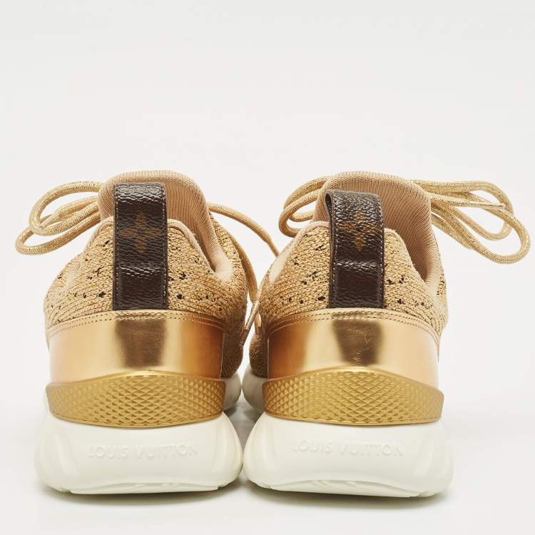 Pre Owned Louis Vuitton Gold Knit Fabric and Leather Aftergame Sneakers Size 38