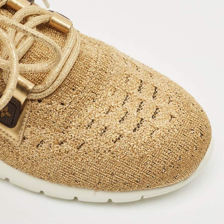 Pre Owned Louis Vuitton Gold Knit Fabric and Leather Aftergame Sneakers Size 38