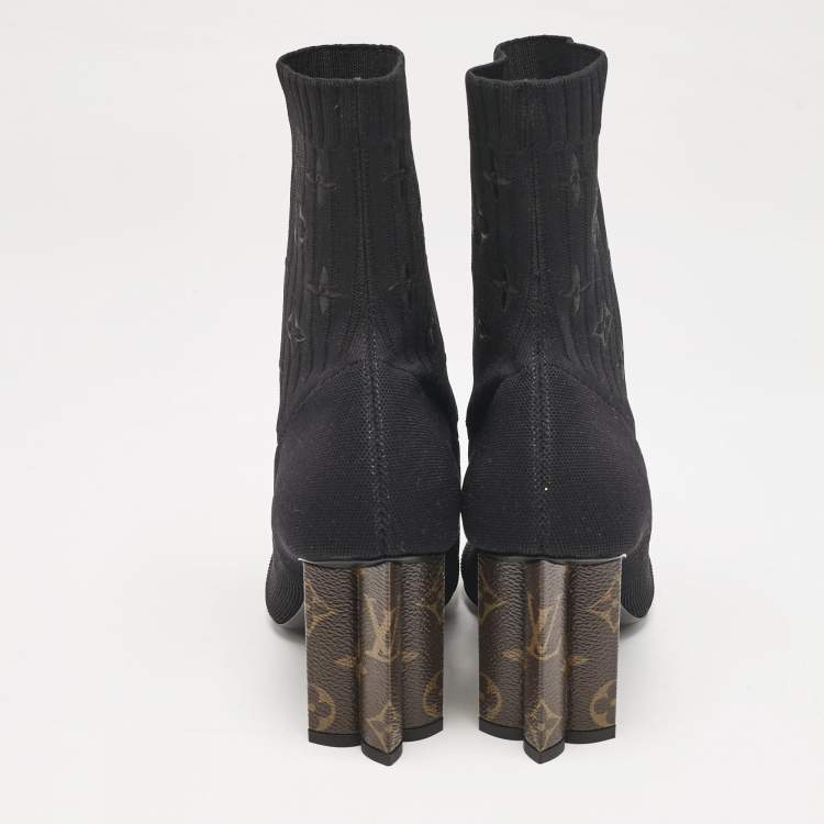 Pre Owned Louis Vuitton Black Monogram Knit Fabric Silhouette Ankle Boots Size 39