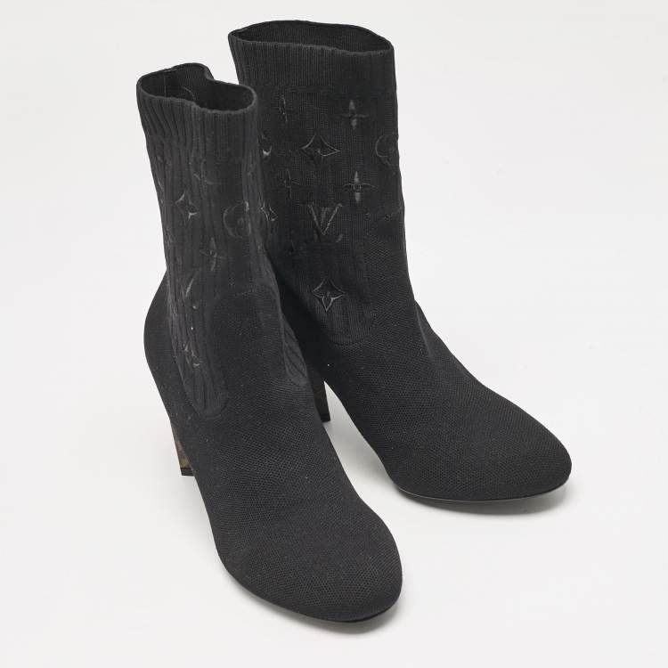 Pre Owned Louis Vuitton Black Monogram Knit Fabric Silhouette Ankle Boots Size 39