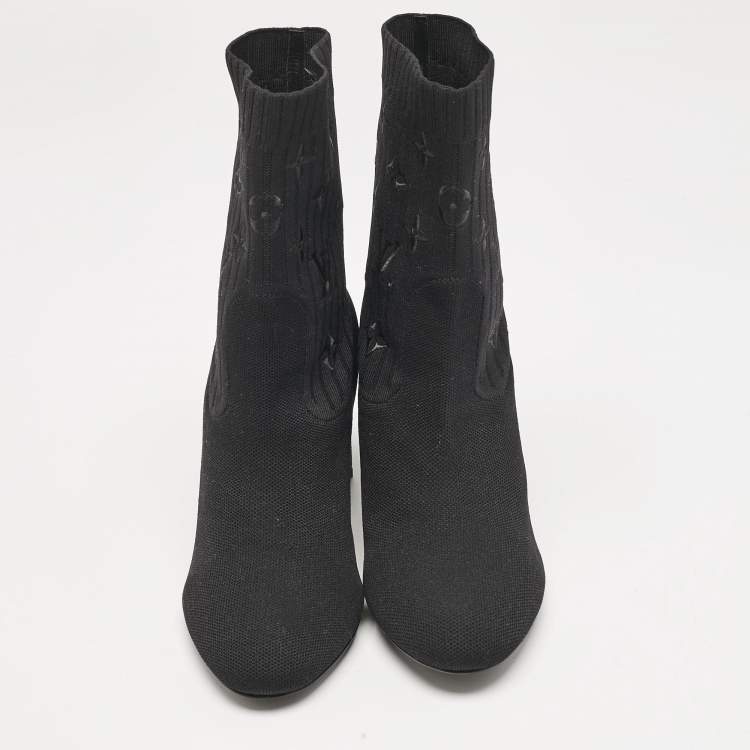 Pre Owned Louis Vuitton Black Monogram Knit Fabric Silhouette Ankle Boots Size 39