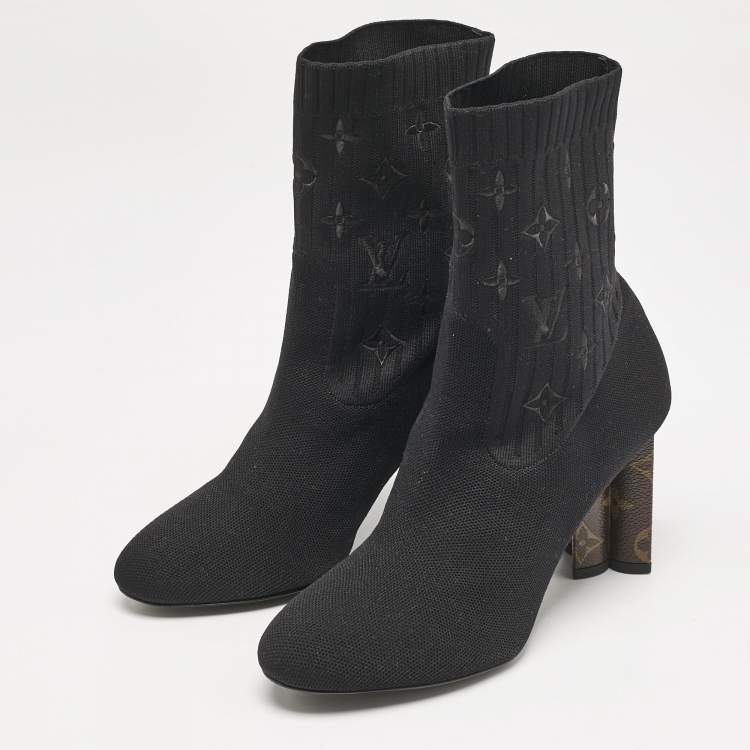 Pre Owned Louis Vuitton Black Monogram Knit Fabric Silhouette Ankle Boots Size 39