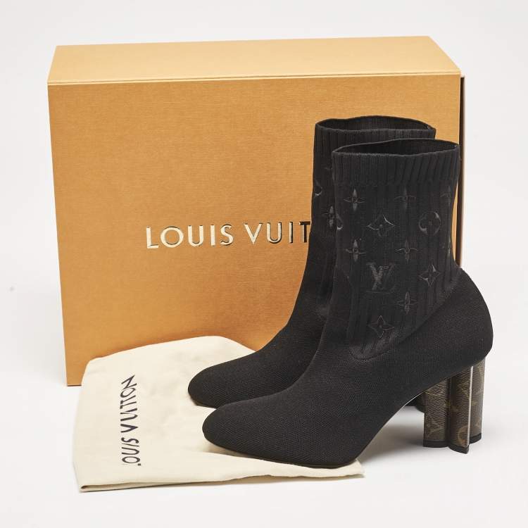 Pre Owned Louis Vuitton Black Monogram Knit Fabric Silhouette Ankle Boots Size 39