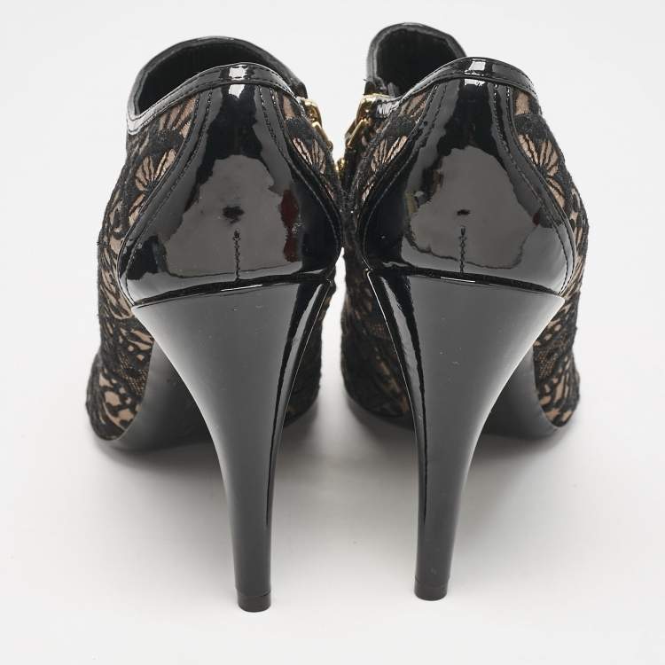 Pre Owned Louis Vuitton Black Lace and Mesh  Monogram Zip Up Booties Size 38.5