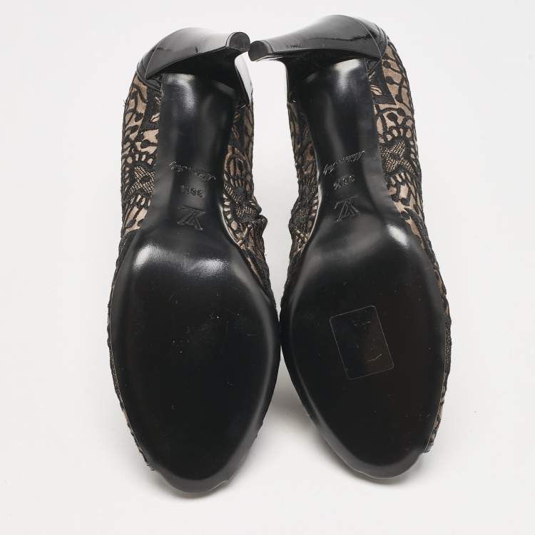 Pre Owned Louis Vuitton Black Lace and Mesh  Monogram Zip Up Booties Size 38.5