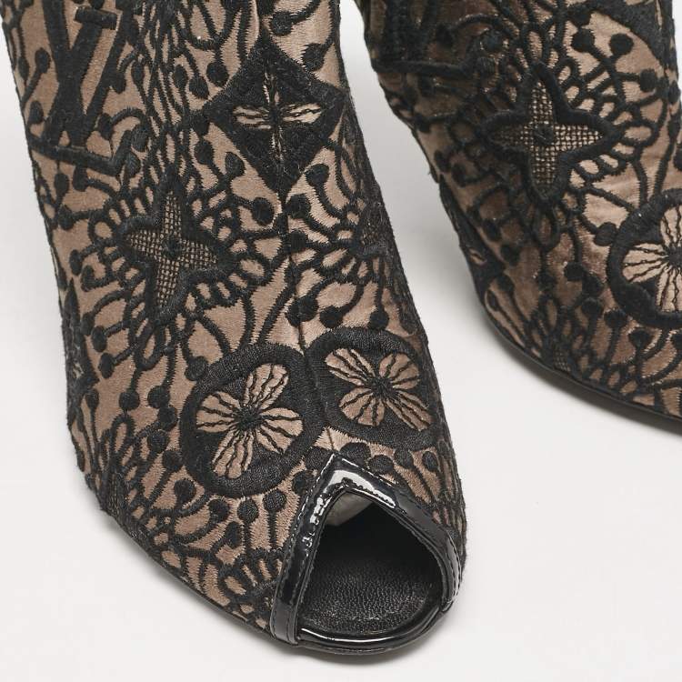 Pre Owned Louis Vuitton Black Lace and Mesh  Monogram Zip Up Booties Size 38.5