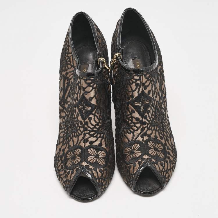 Pre Owned Louis Vuitton Black Lace and Mesh  Monogram Zip Up Booties Size 38.5