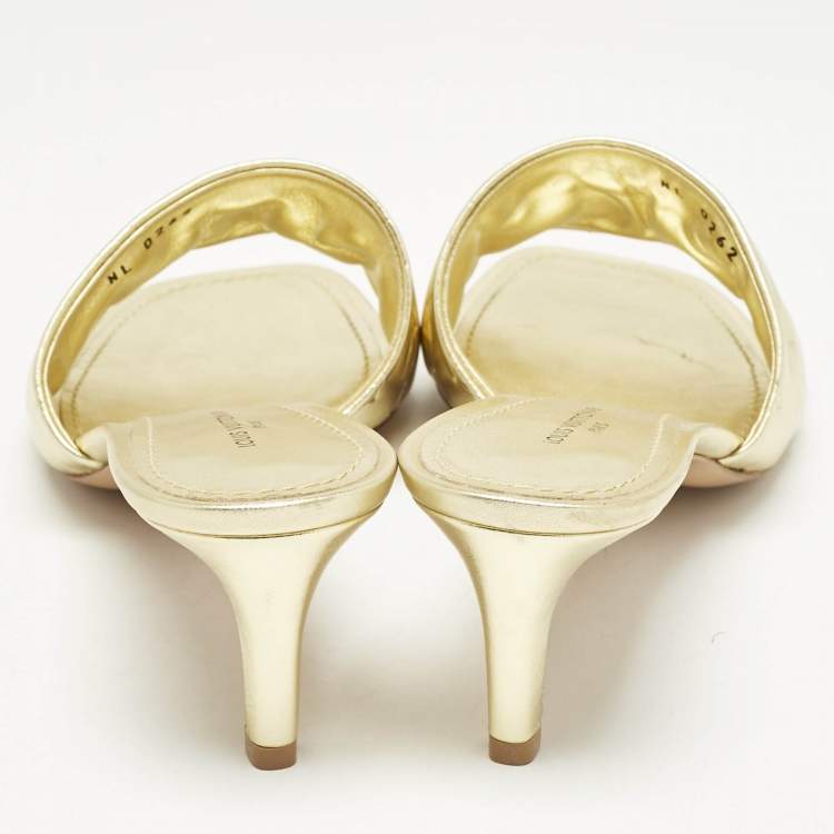 Pre Owned Louis Vuitton Gold Monogram Embossed Leather Revival Slide Sandals Size 39.5
