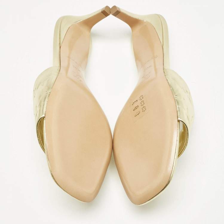 Pre Owned Louis Vuitton Gold Monogram Embossed Leather Revival Slide Sandals Size 39.5