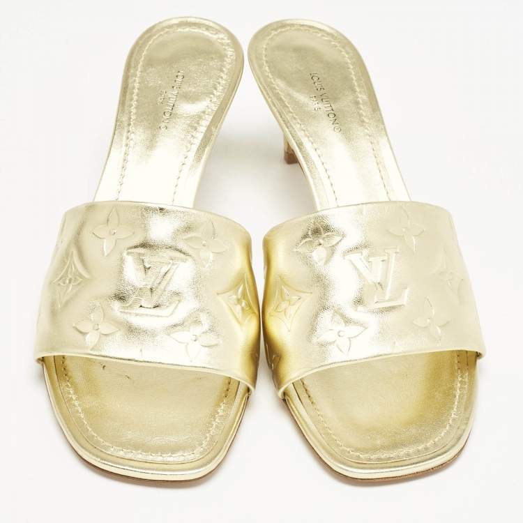 Pre Owned Louis Vuitton Gold Monogram Embossed Leather Revival Slide Sandals Size 39.5