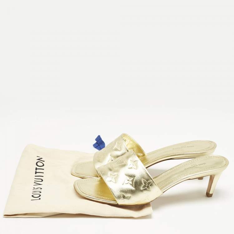 Pre Owned Louis Vuitton Gold Monogram Embossed Leather Revival Slide Sandals Size 39.5