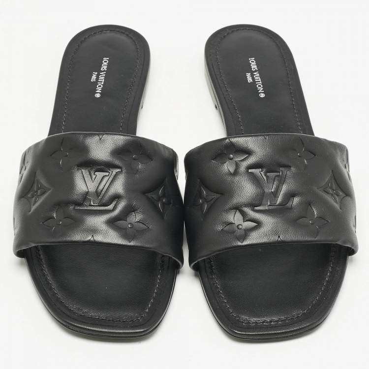 Pre Owned Louis Vuitton Black Monogram Embossed Leather Revival Flat Slide Sandals Size 39