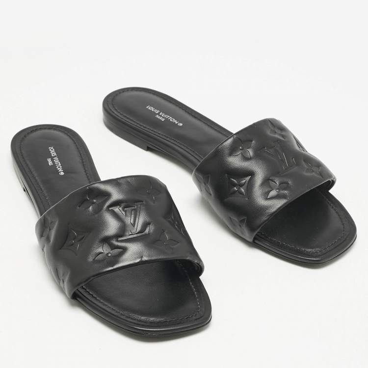 Pre Owned Louis Vuitton Black Monogram Embossed Leather Revival Flat Slide Sandals Size 39