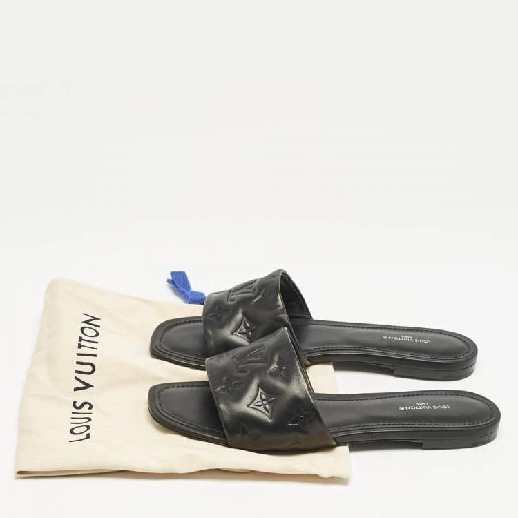Pre Owned Louis Vuitton Black Monogram Embossed Leather Revival Flat Slide Sandals Size 39