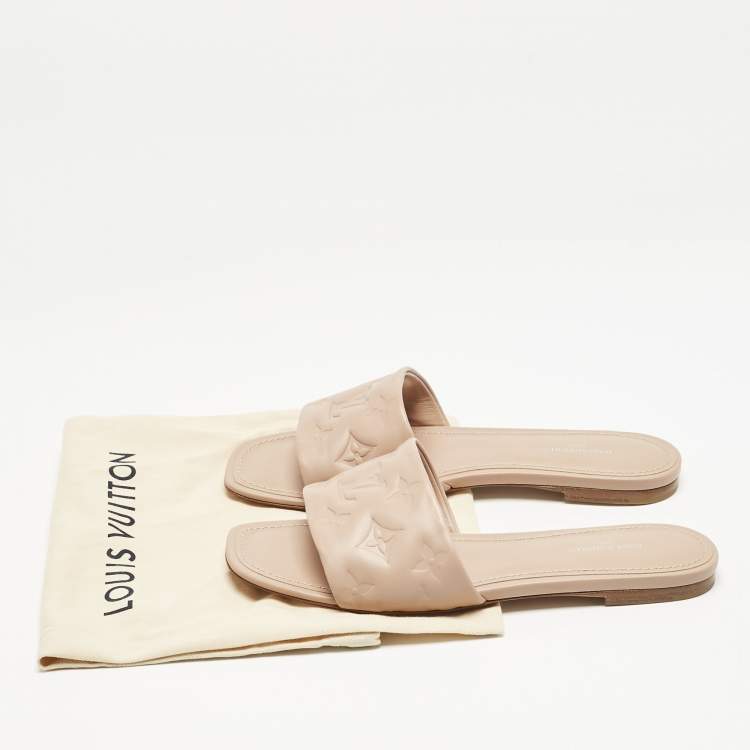Pre Owned Louis Vuitton Light Pink Monogram Embossed Leather Revival Flat Slides Size 38