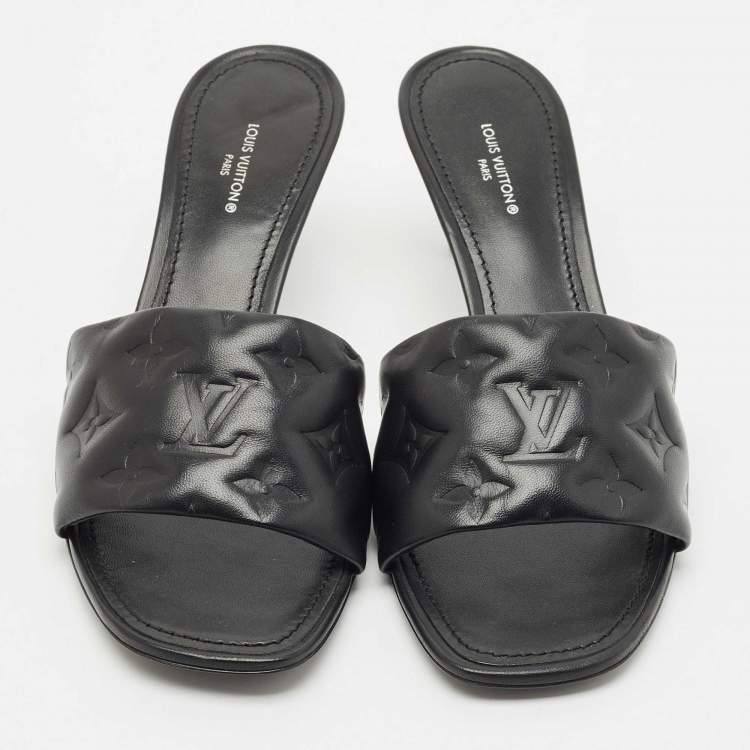Pre Owned Louis Vuitton Black Monogram Embossed Leather Revival Slide Sandals Size 38.5