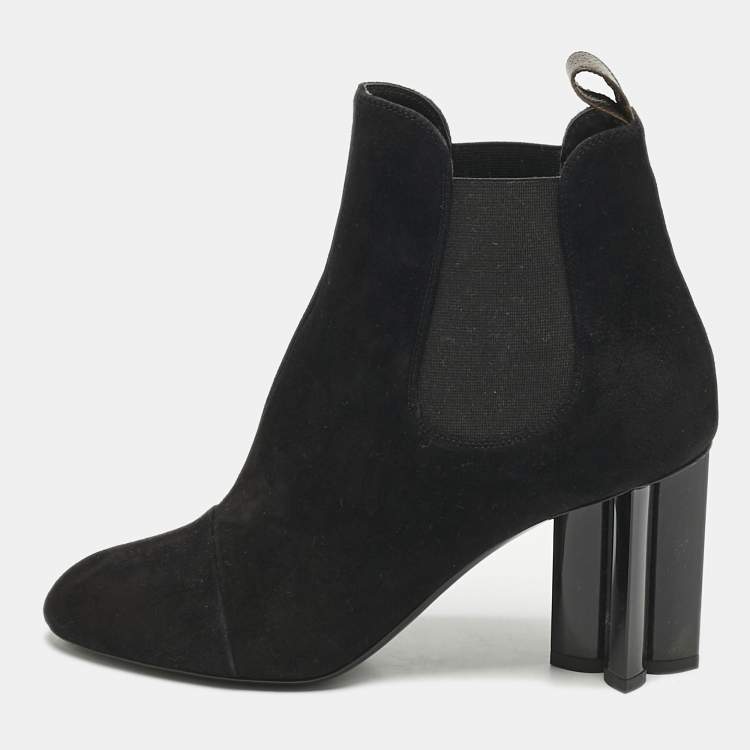 Pre Owned Louis Vuitton Black Suede Uniform Ankle Boots Size 38.5