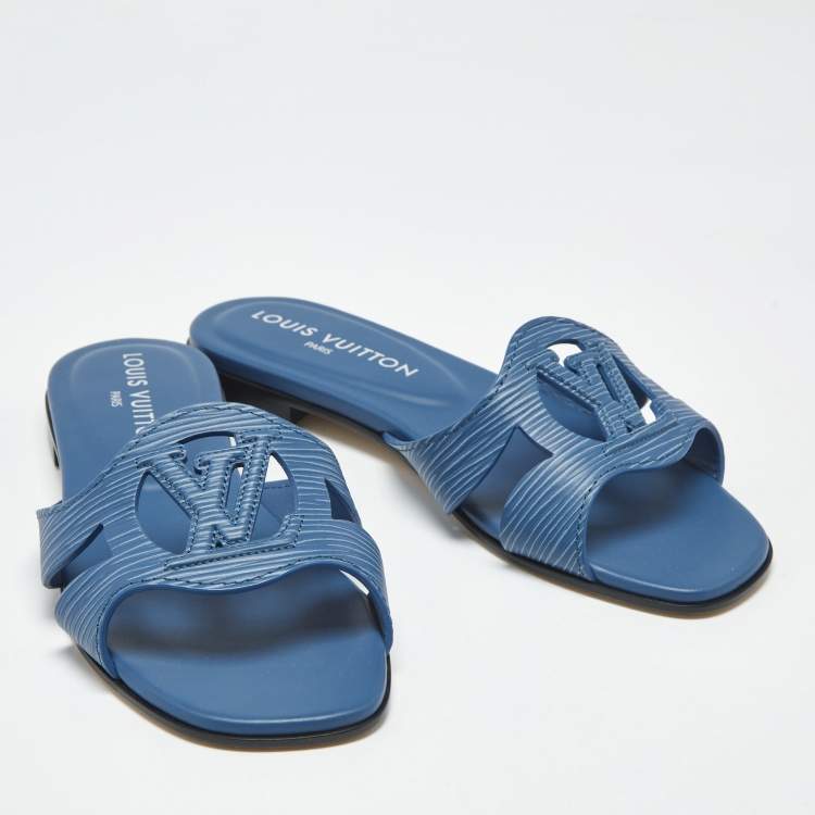 Pre Owned Louis Vuitton Blue Epi Leather LV Isola Flat Slides Size 37