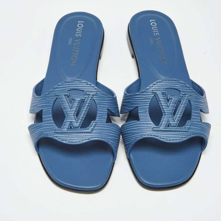 Pre Owned Louis Vuitton Blue Epi Leather LV Isola Flat Slides Size 37