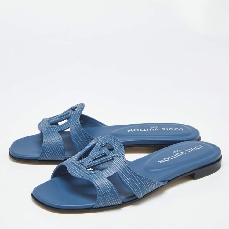 Pre Owned Louis Vuitton Blue Epi Leather LV Isola Flat Slides Size 37