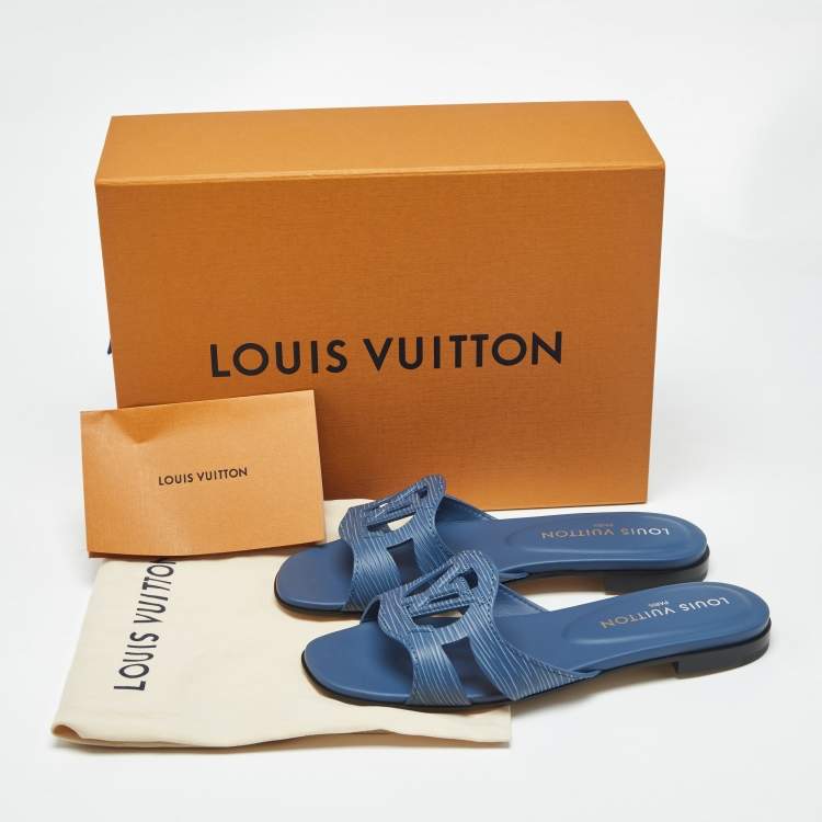 Pre Owned Louis Vuitton Blue Epi Leather LV Isola Flat Slides Size 37
