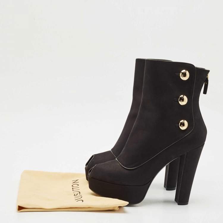 Pre Owned Louis Vuitton Black Nubuck Leather Embellished Platform Booties Size 37.5