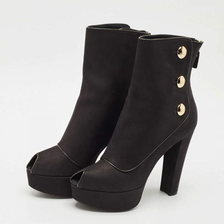 Pre Owned Louis Vuitton Black Nubuck Leather Embellished Platform Booties Size 37.5