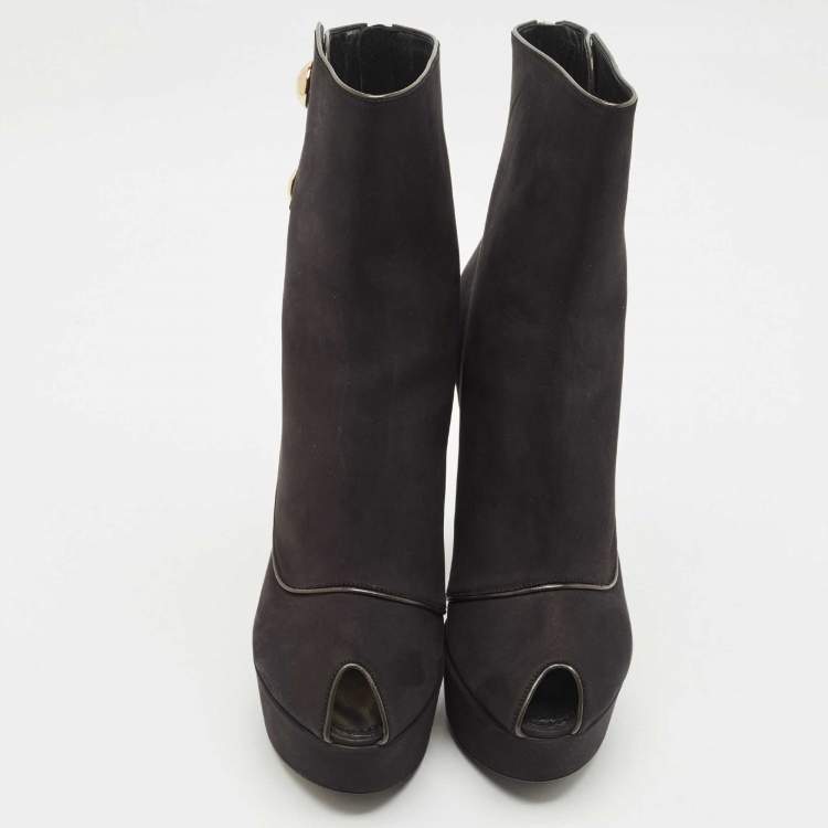 Pre Owned Louis Vuitton Black Nubuck Leather Embellished Platform Booties Size 37.5