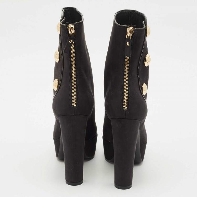 Pre Owned Louis Vuitton Black Nubuck Leather Embellished Platform Booties Size 37.5