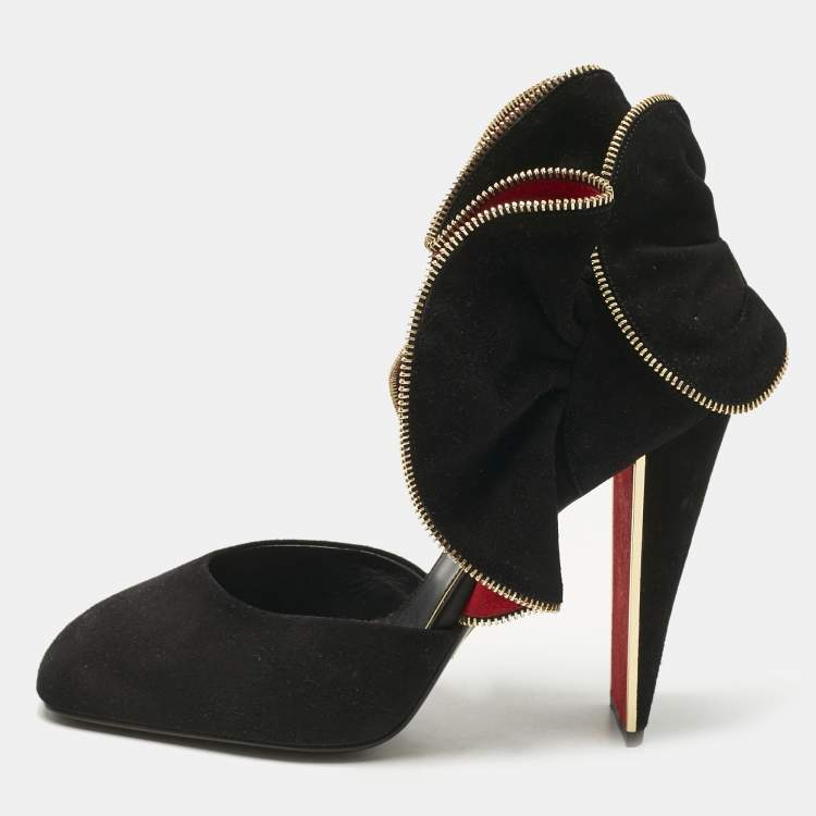 Pre Owned Louis Vuitton Black Suede Ruffle Detail Square Toe Pumps Size 37