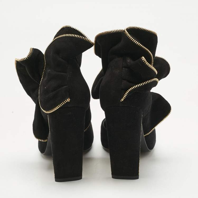 Pre Owned Louis Vuitton Black Suede Ruffle Detail Square Toe Pumps Size 37