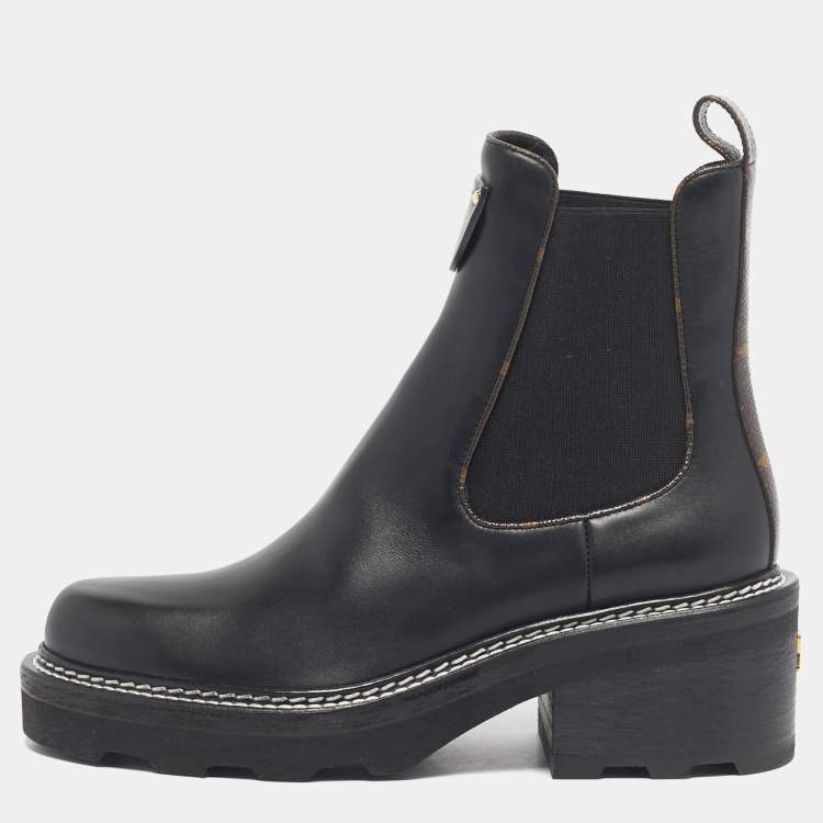 Pre Owned Louis Vuitton Black/Brown Monogram Canvas and Leather Beaubourg Ankle Length Boots Size 38