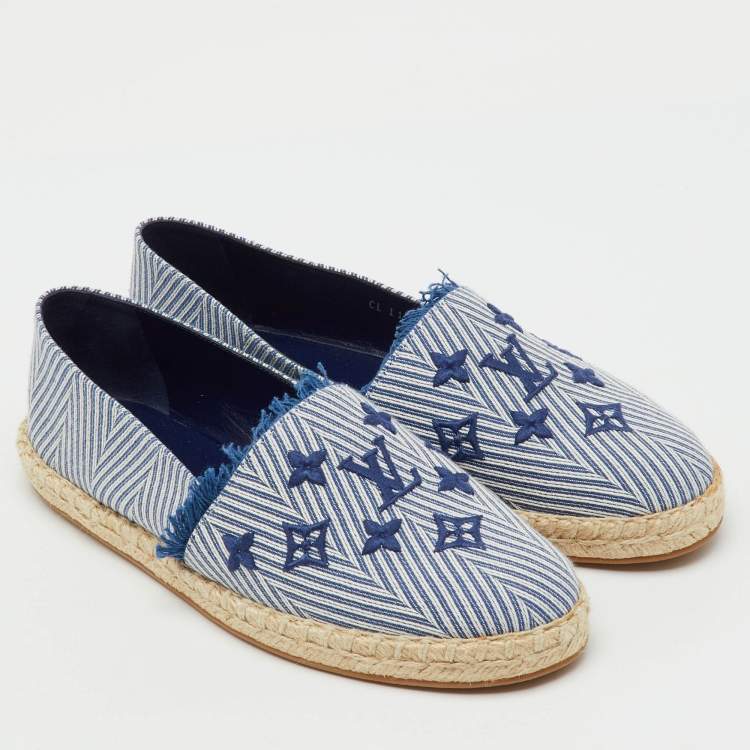 Pre Owned Louis Vuitton Blue/White Canvas Sail Away Espadrille Flats Size 38.5
