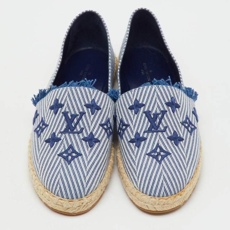Pre Owned Louis Vuitton Blue/White Canvas Sail Away Espadrille Flats Size 38.5