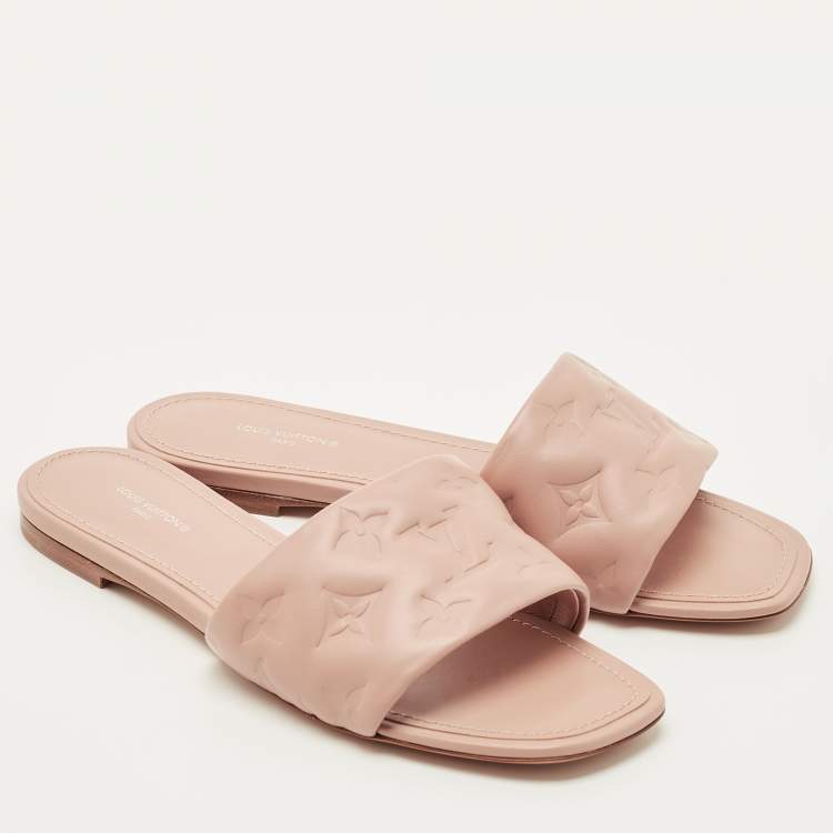 Pre Owned Louis Vuitton Dusty Pink Monogram Embossed Leather Revival Flat Slides Size 38