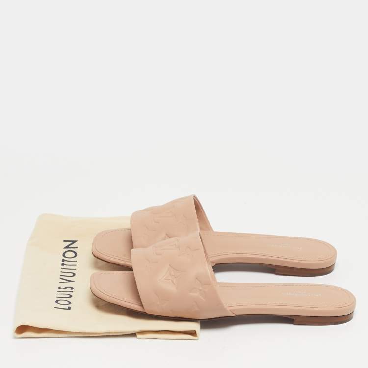 Pre Owned Louis Vuitton Dusty Pink Monogram Embossed Leather Revival Flat Slides Size 38