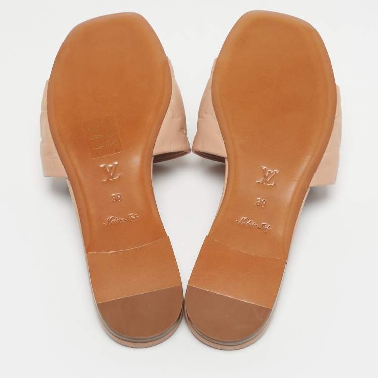 Pre Owned Louis Vuitton Dusty Pink Monogram Embossed Leather Revival Flat Slides Size 38
