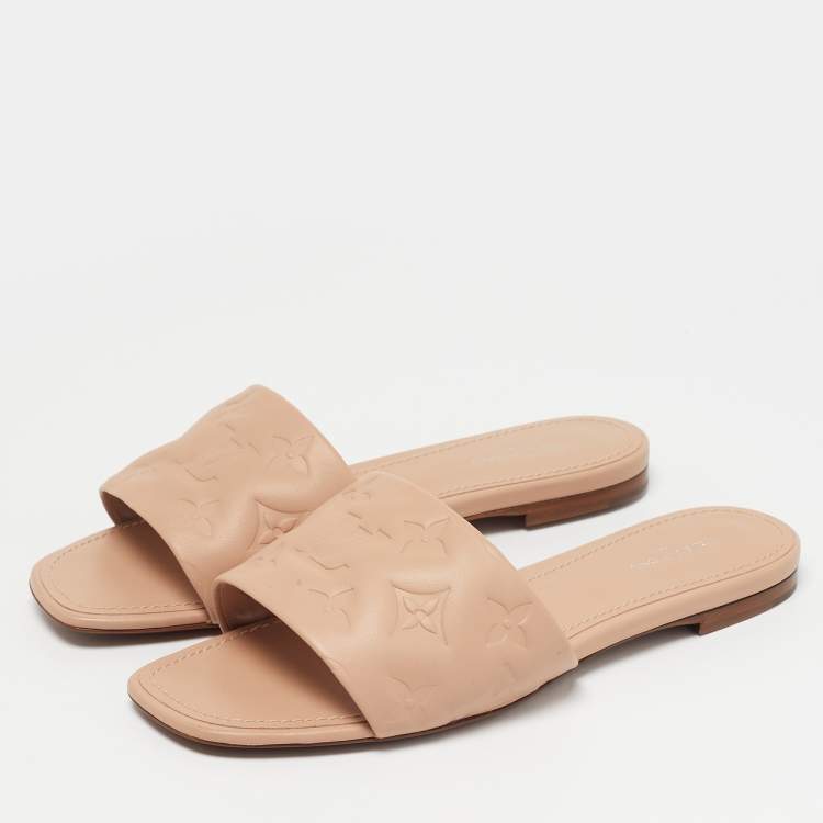 Pre Owned Louis Vuitton Dusty Pink Monogram Embossed Leather Revival Flat Slides Size 38