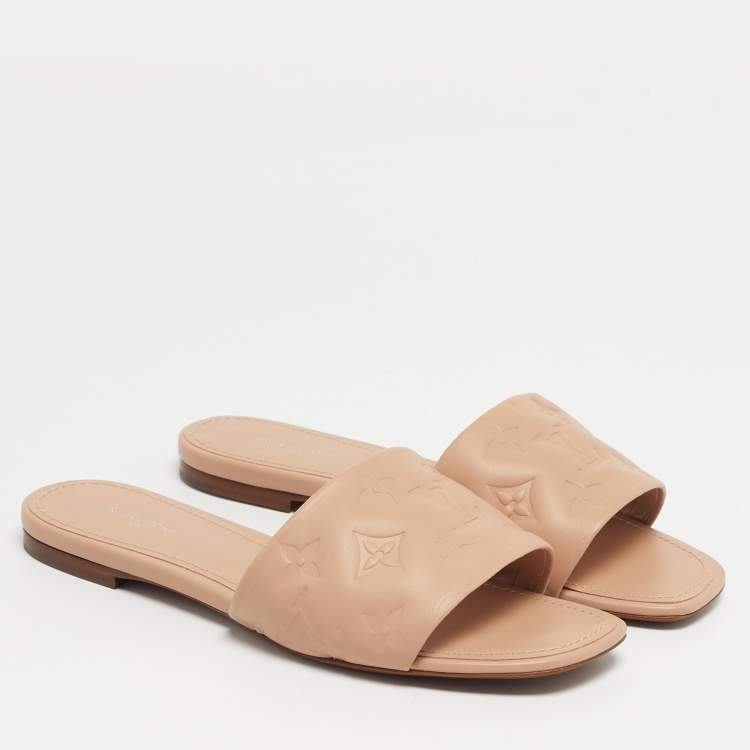 Pre Owned Louis Vuitton Dusty Pink Monogram Embossed Leather Revival Flat Slides Size 38