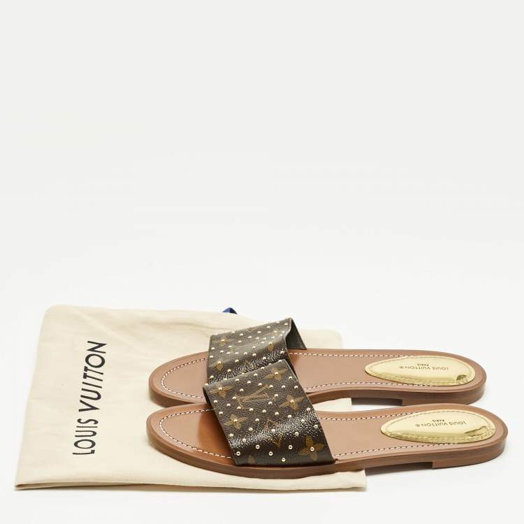 Pre Owned Louis Vuitton Monogram Canvas Studded Lock It Flat Slides Size 38