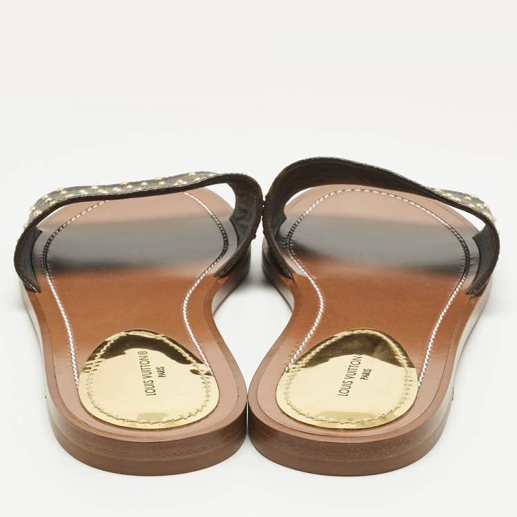 Pre Owned Louis Vuitton Monogram Canvas Studded Lock It Flat Slides Size 38