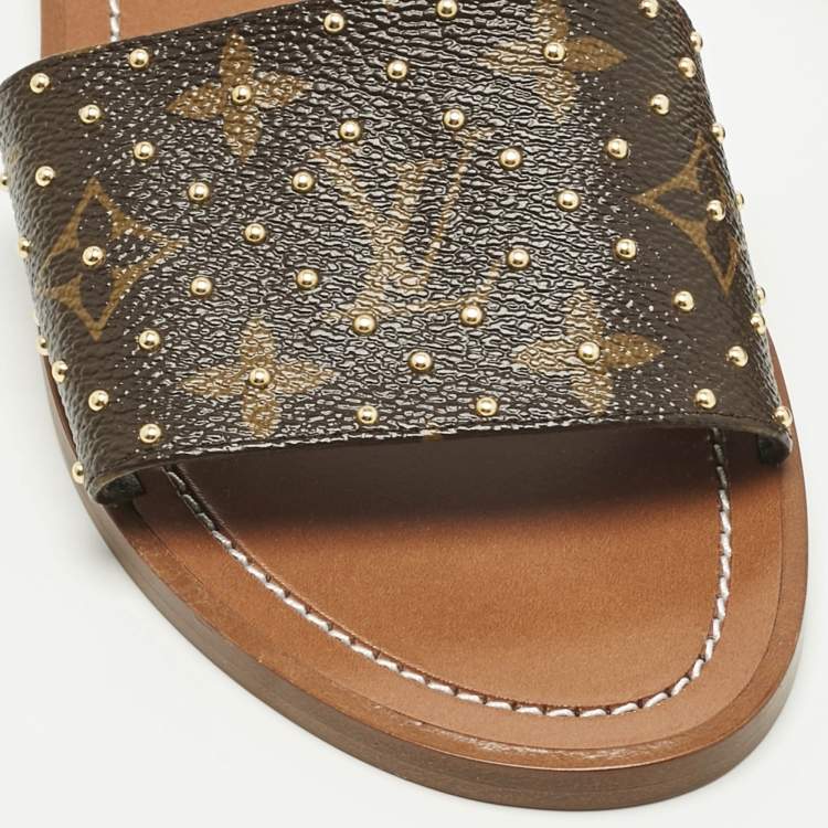 Pre Owned Louis Vuitton Monogram Canvas Studded Lock It Flat Slides Size 38