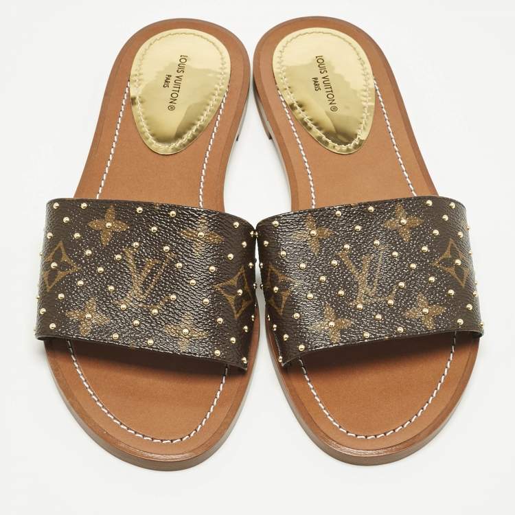 Pre Owned Louis Vuitton Monogram Canvas Studded Lock It Flat Slides Size 38