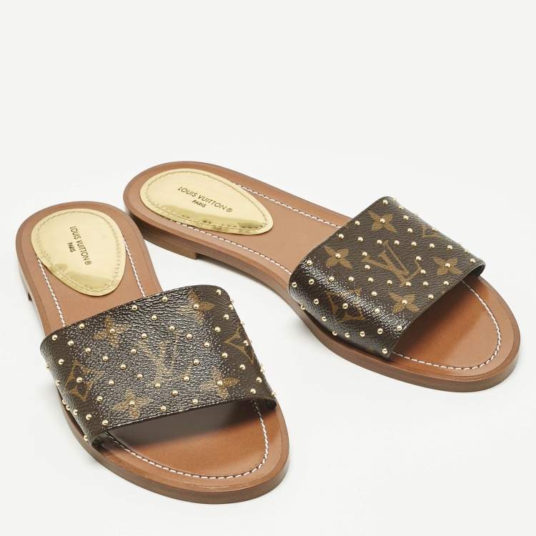 Pre Owned Louis Vuitton Monogram Canvas Studded Lock It Flat Slides Size 38