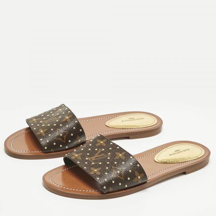 Pre Owned Louis Vuitton Monogram Canvas Studded Lock It Flat Slides Size 38