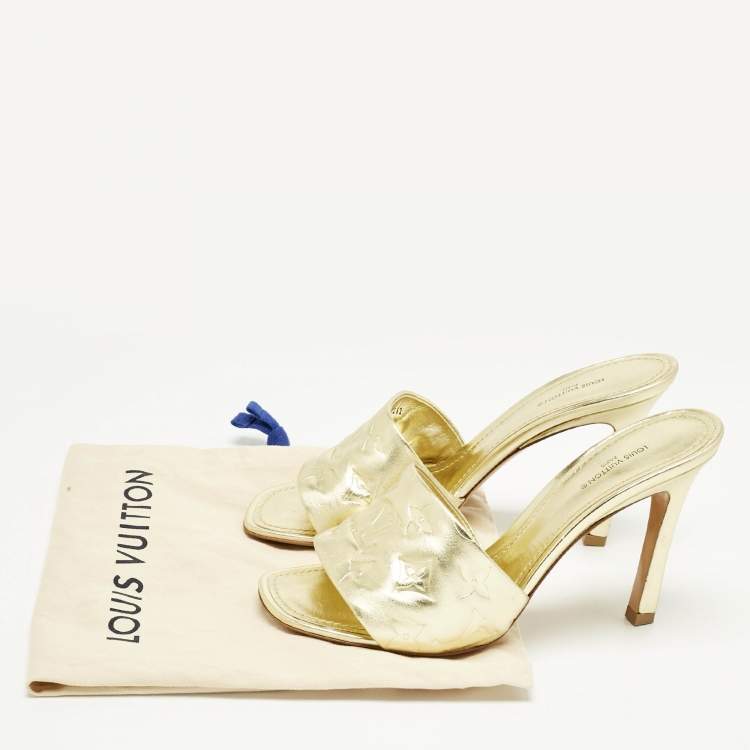 Pre Owned Louis Vuitton Gold Monogram Embossed Leather Revival Slide Sandals Size 38
