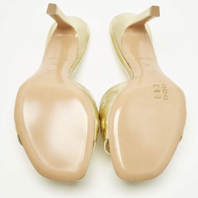 Pre Owned Louis Vuitton Gold Monogram Embossed Leather Revival Slide Sandals Size 38