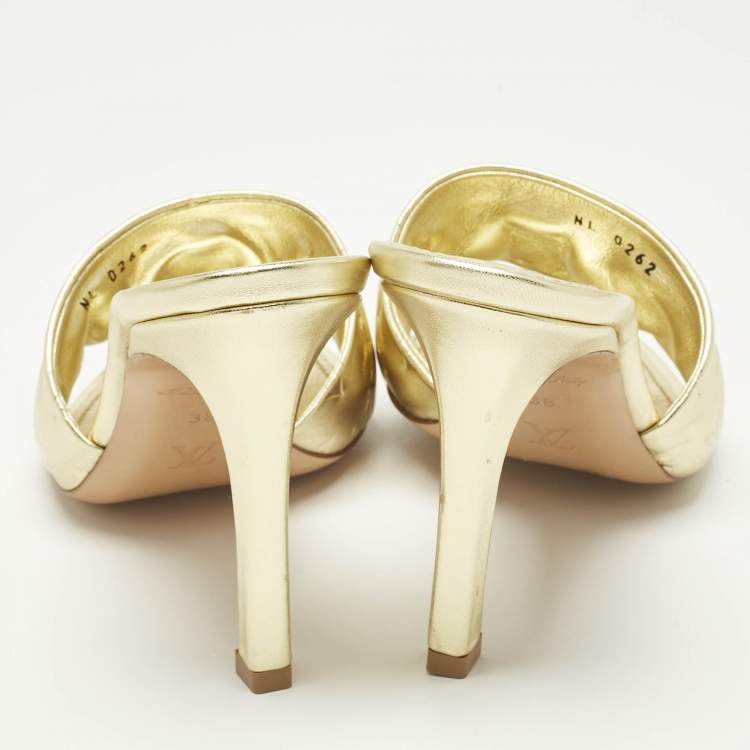 Pre Owned Louis Vuitton Gold Monogram Embossed Leather Revival Slide Sandals Size 38