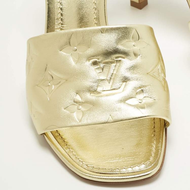 Pre Owned Louis Vuitton Gold Monogram Embossed Leather Revival Slide Sandals Size 38
